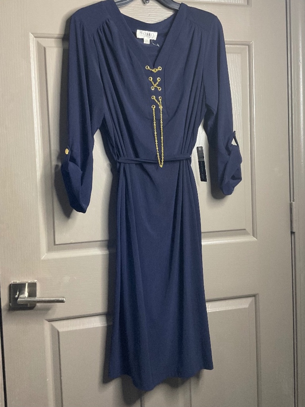 SOHO Apparel LTD Navy Blue Gold Chain Belted Midi Dress 1X NWT